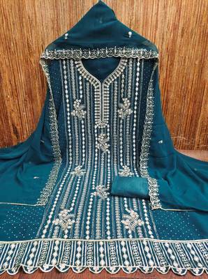 aqua georgette embroidered unstitched dressmaterials 3 pair top bottom dupptaa 3