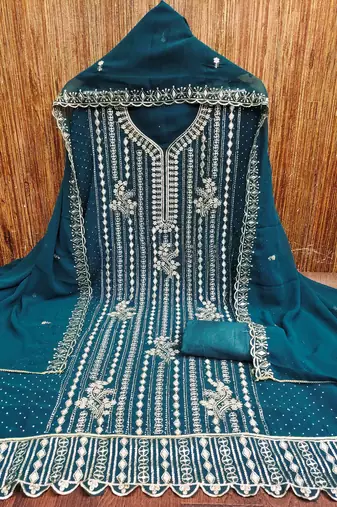aqua georgette embroidered unstitched dressmaterials 3 pair top bottom dupptaa