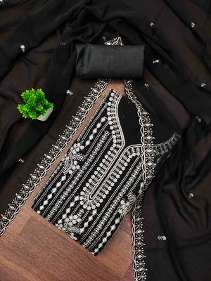 black georgette embroidered unstitched dressmaterials 3 pair top bottom dupptaa 1
