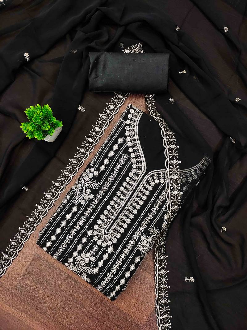 black georgette embroidered unstitched dressmaterials 3 pair top bottom dupptaa