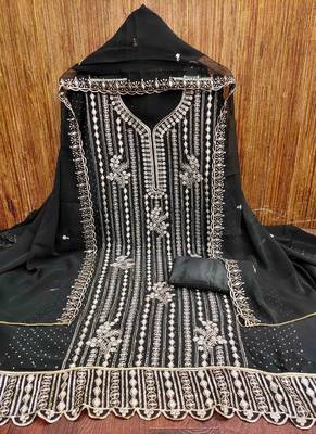 black georgette embroidered unstitched dressmaterials 3 pair top bottom dupptaa 2