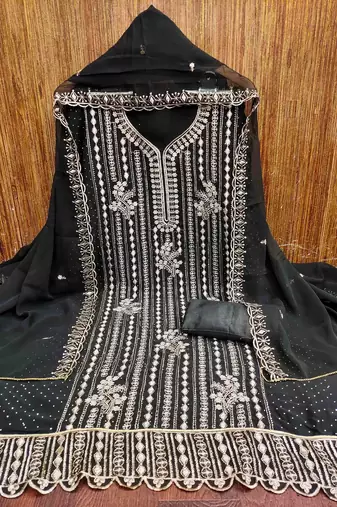 black georgette embroidered unstitched dressmaterials 3 pair top bottom dupptaa