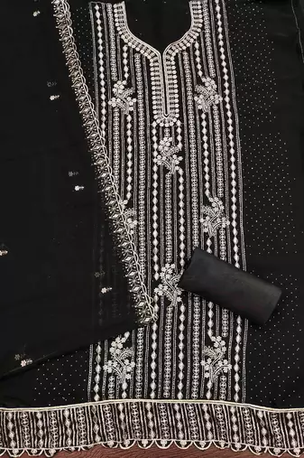 black georgette embroidered unstitched dressmaterials 3 pair top bottom dupptaa