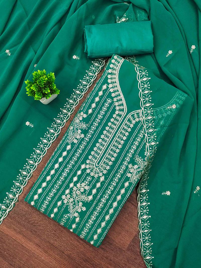 indigo georgette embroidered unstitched dressmaterials 3 pair top bottom dupptaa