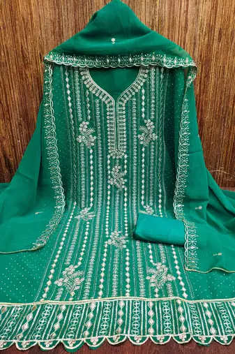 indigo georgette embroidered unstitched dressmaterials 3 pair top bottom dupptaa