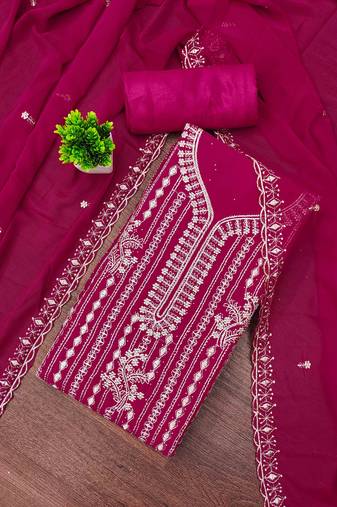 pink georgette embroidered unstitched dressmaterials 3 pair top bottom dupptaa