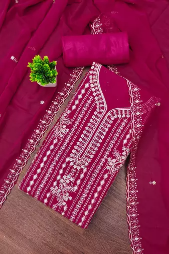 pink georgette embroidered unstitched dressmaterials 3 pair top bottom dupptaa