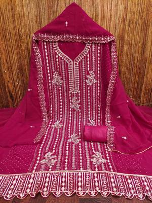 pink georgette embroidered unstitched dressmaterials 3 pair top bottom dupptaa 2