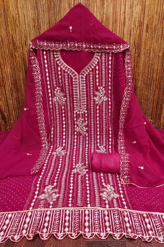 pink georgette embroidered unstitched dressmaterials 3 pair top bottom dupptaa