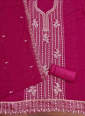 pink georgette embroidered unstitched dressmaterials 3 pair top bottom dupptaa 3