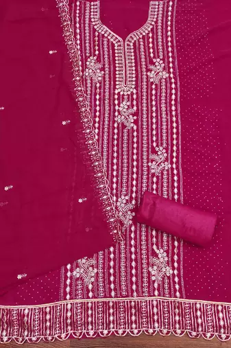 pink georgette embroidered unstitched dressmaterials 3 pair top bottom dupptaa