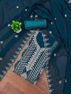 aqua georgette embroidered unstitched dressmaterials 3 pair top bottom dupptaa 1