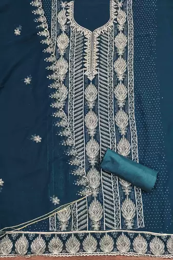 aqua georgette embroidered unstitched dressmaterials 3 pair top bottom dupptaa