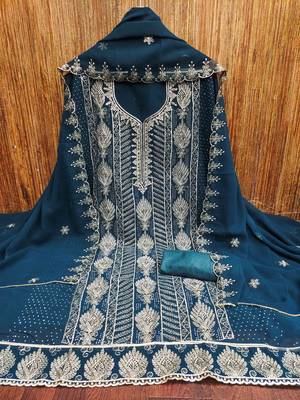 aqua georgette embroidered unstitched dressmaterials 3 pair top bottom dupptaa 3