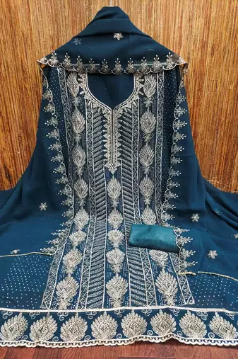 aqua georgette embroidered unstitched dressmaterials 3 pair top bottom dupptaa
