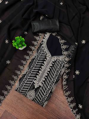 black georgette embroidered unstitched dressmaterials 3 pair top bottom dupptaa 1