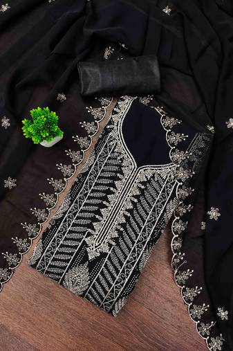 black georgette embroidered unstitched dressmaterials 3 pair top bottom dupptaa
