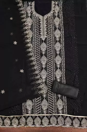 black georgette embroidered unstitched dressmaterials 3 pair top bottom dupptaa