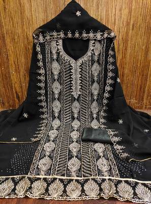 black georgette embroidered unstitched dressmaterials 3 pair top bottom dupptaa 3