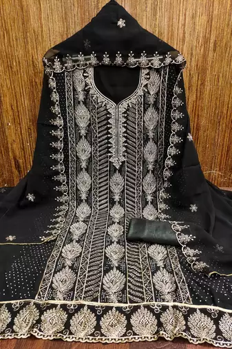 black georgette embroidered unstitched dressmaterials 3 pair top bottom dupptaa