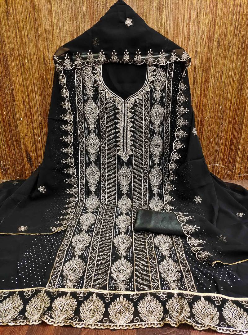 black georgette embroidered unstitched dressmaterials 3 pair top bottom dupptaa