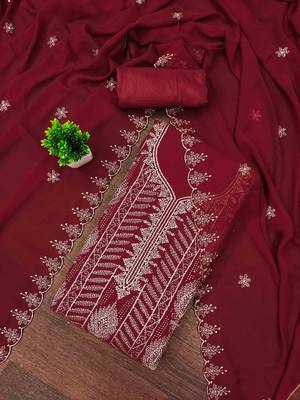 maroon georgette embroidered unstitched dressmaterials 3 pair top bottom dupptaa 1