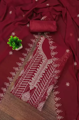maroon georgette embroidered unstitched dressmaterials 3 pair top bottom dupptaa
