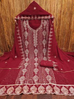 maroon georgette embroidered unstitched dressmaterials 3 pair top bottom dupptaa 2