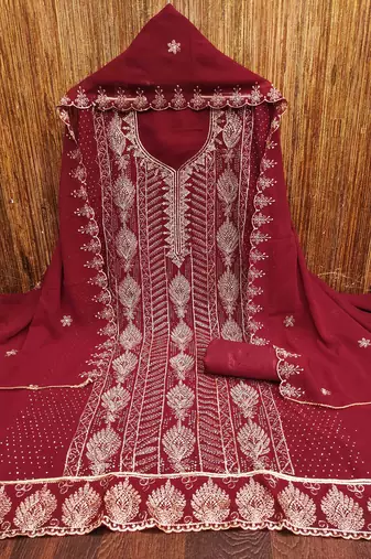 maroon georgette embroidered unstitched dressmaterials 3 pair top bottom dupptaa
