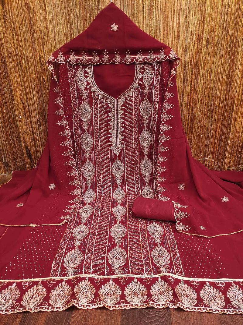 maroon georgette embroidered unstitched dressmaterials 3 pair top bottom dupptaa