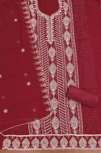 maroon georgette embroidered unstitched dressmaterials 3 pair top bottom dupptaa