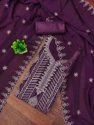 purple georgette embroidered unstitched dressmaterials 3 pair top bottom dupptaa 1