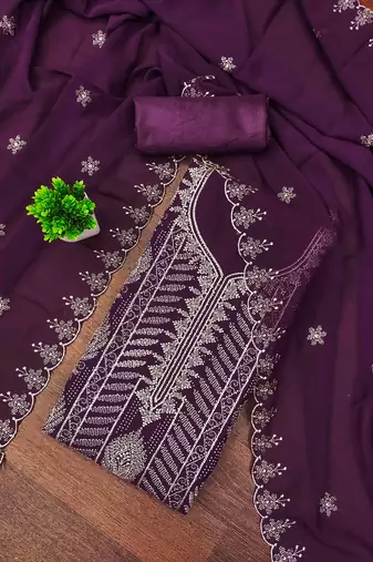 purple georgette embroidered unstitched dressmaterials 3 pair top bottom dupptaa