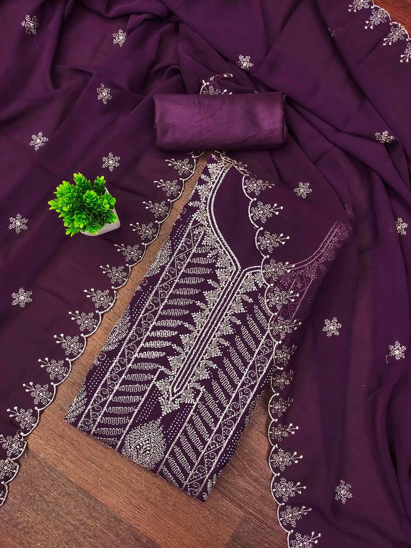purple georgette embroidered unstitched dressmaterials 3 pair top bottom dupptaa