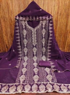 purple georgette embroidered unstitched dressmaterials 3 pair top bottom dupptaa 2