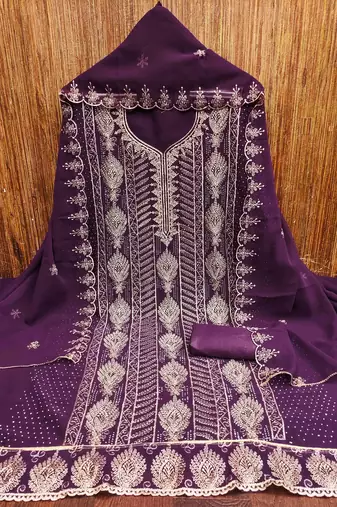 purple georgette embroidered unstitched dressmaterials 3 pair top bottom dupptaa