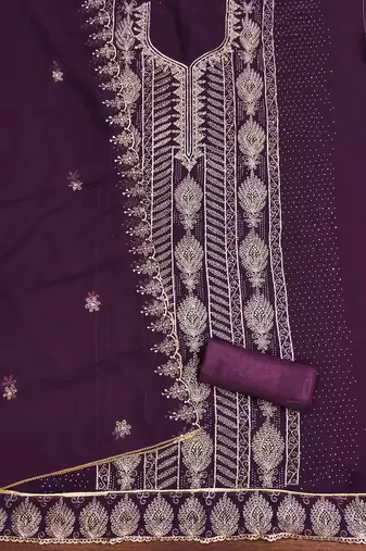 purple georgette embroidered unstitched dressmaterials 3 pair top bottom dupptaa