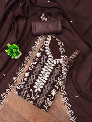 Brown georgette embroidered unstitched dressmaterials 3 pair top bottom dupptaa 1
