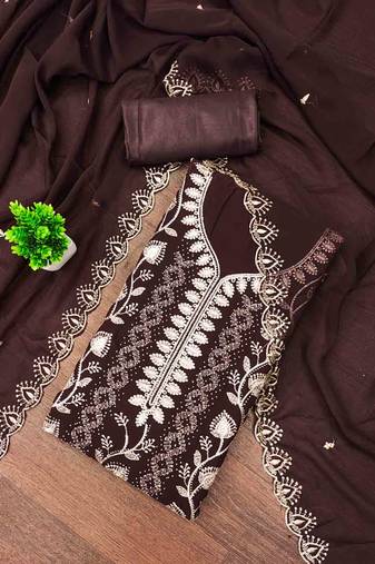 Brown georgette embroidered unstitched dressmaterials 3 pair top bottom dupptaa