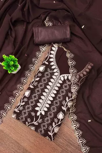 brown georgette embroidered unstitched dressmaterials 3 pair top bottom dupptaa