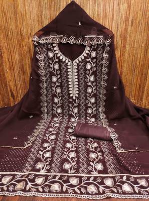 Brown georgette embroidered unstitched dressmaterials 3 pair top bottom dupptaa 2