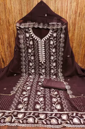 brown georgette embroidered unstitched dressmaterials 3 pair top bottom dupptaa