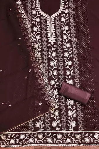 brown georgette embroidered unstitched dressmaterials 3 pair top bottom dupptaa