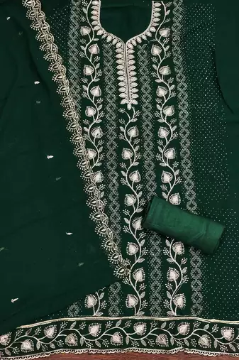 green georgette embroidered unstitched dressmaterials 3 pair top bottom dupptaa