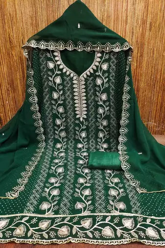 green georgette embroidered unstitched dressmaterials 3 pair top bottom dupptaa