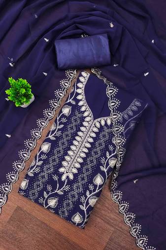 Purple georgette embroidered unstitched dressmaterials 3 pair top bottom dupptaa