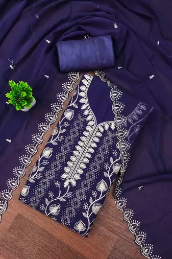 purple georgette embroidered unstitched dressmaterials 3 pair top bottom dupptaa