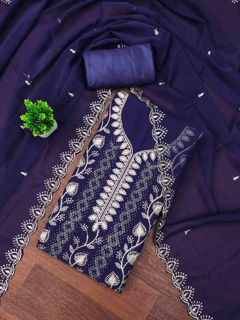 Purple georgette embroidered unstitched dressmaterials 3 pair top bottom dupptaa