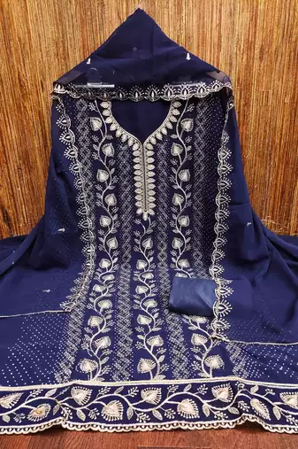 purple georgette embroidered unstitched dressmaterials 3 pair top bottom dupptaa