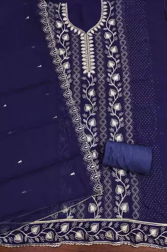 purple georgette embroidered unstitched dressmaterials 3 pair top bottom dupptaa